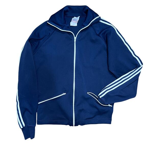 Vintage 70s Sears Navy Blue Track Jacket Womens Size Small 3 Stripe Sleeves - Picture 1 of 7